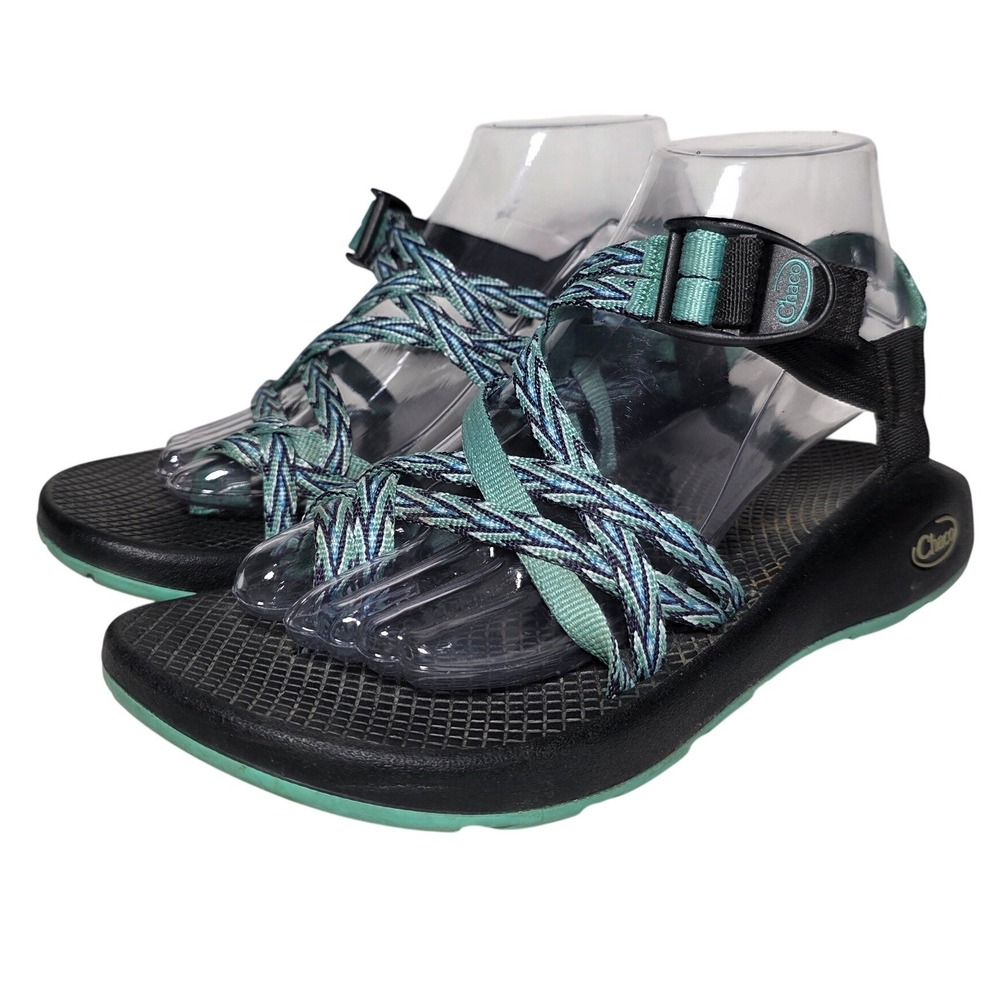 Chaco ZX2 Vibram Women 9 Sandals Double Strap Toe Loop Black Teal Blue Hiking